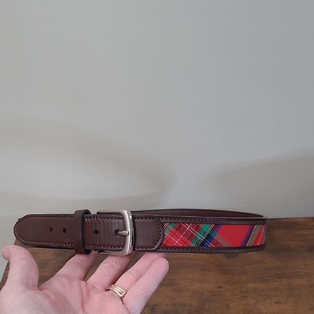 Brown Leather Belt with Red Plaid Pattern size Large 30-32